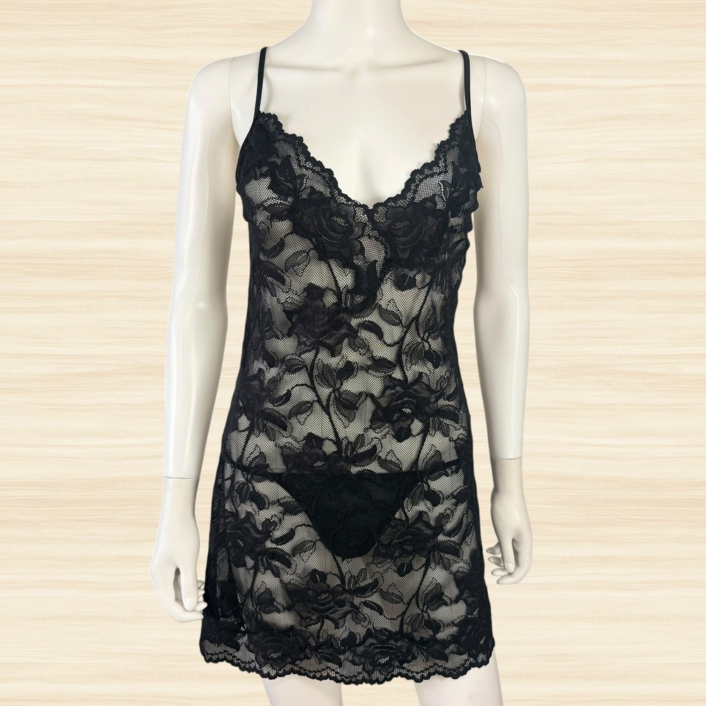 Victoria's Secret Black Sheer Floral Lace Chemise Y2K Mesh Lingerie Nightgown L